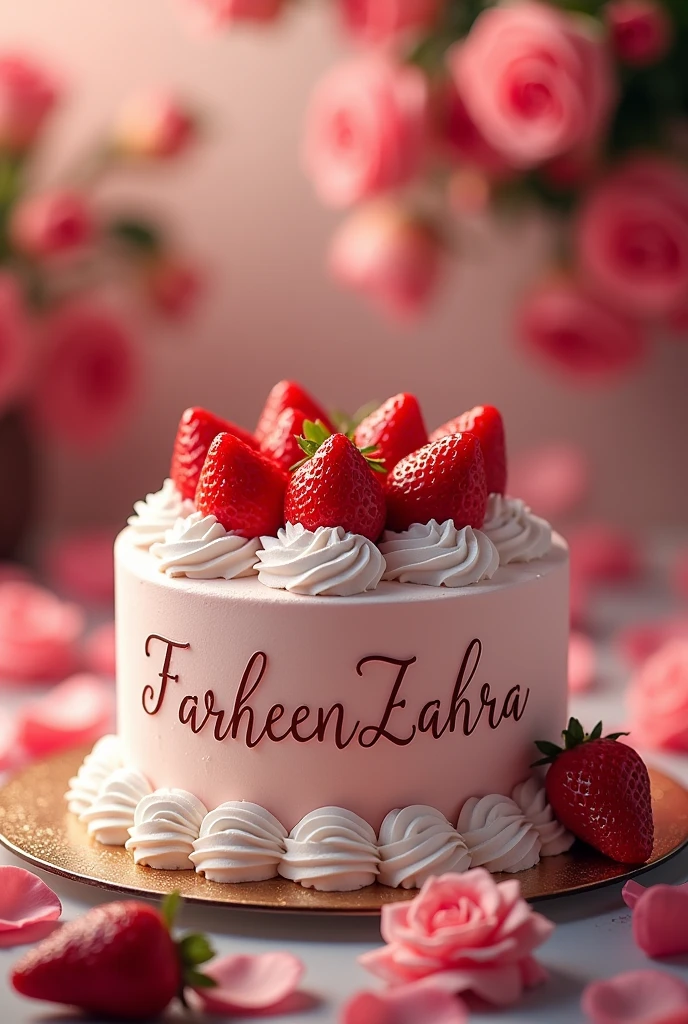 A beautiful strawberry cake name with Farheen Zahra and background is all with the roses