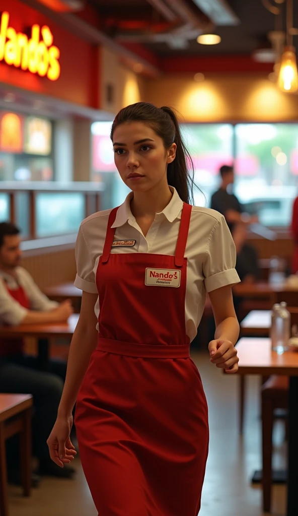 a young waitress in Nando's restaurant with a nervous expression