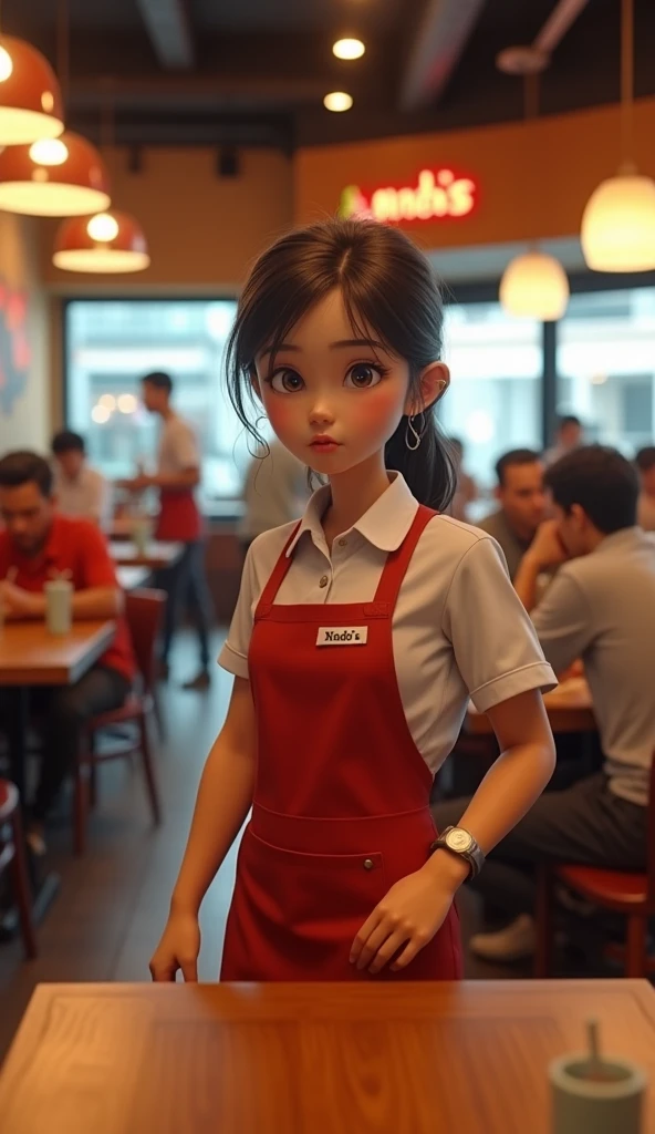 a young waitress in Nando's restaurant with a nervous expression