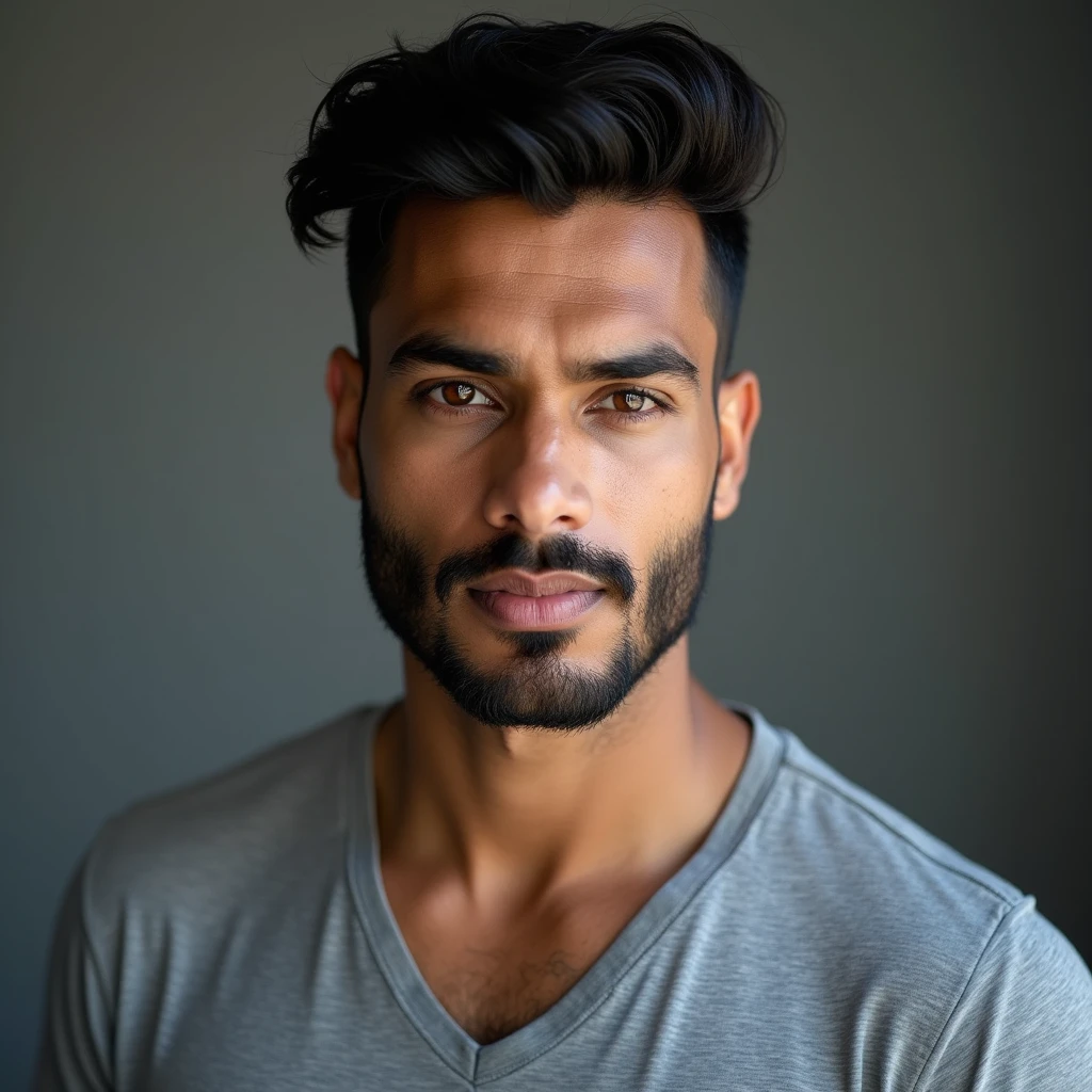 A atractive indian man in gray v neak t shirt