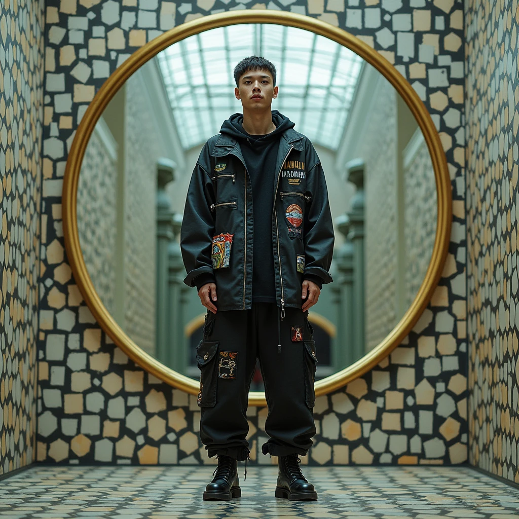 a man wearing grunge clothes, geometric tiles, circular mirror, bright lighting, hexagonal patterns, neoclassicism, photo by Nobuyoshi Araki, (best quality,4k,8k,highres,masterpiece:1.2),ultra-detailed,(realistic,photorealistic,photo-realistic:1.37),studio lighting,HDR,UHD,extreme detail description,professional,vivid colors,bokeh,fashion,portrait,photography