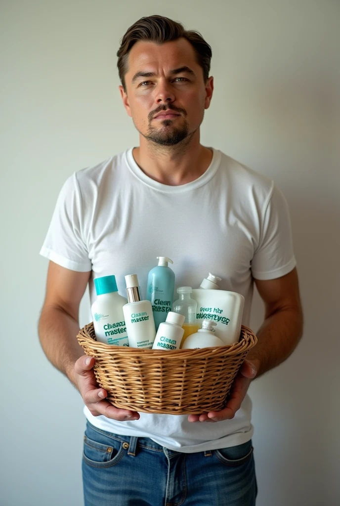 create leonardo dicaprio holding a basket of clean master brand toiletries