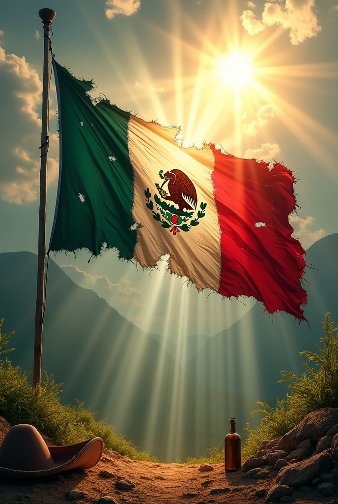 A torn Mexican flag, letting out rays of light that represent freedom. Behind the flag, A Mexican landscape with vibrant colors and natural elements like the sun, and a mariachi hat with a bottle of tequila. style: Photographic