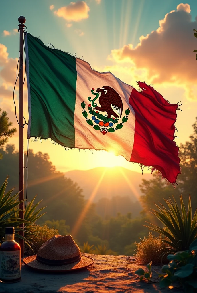 A torn Mexican flag, letting out rays of light that represent freedom. Behind the flag, A Mexican landscape with vibrant colors and natural elements like the sun, and a mariachi hat with a bottle of tequila. style: Photographic