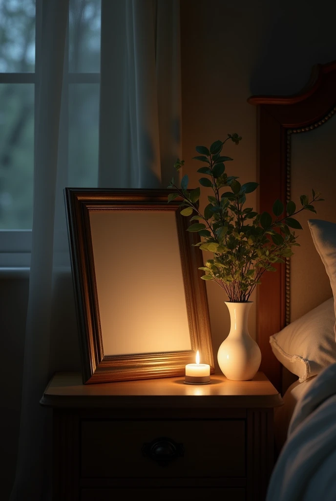 an empty picture frame on a cozy night stand with a vase with greens
