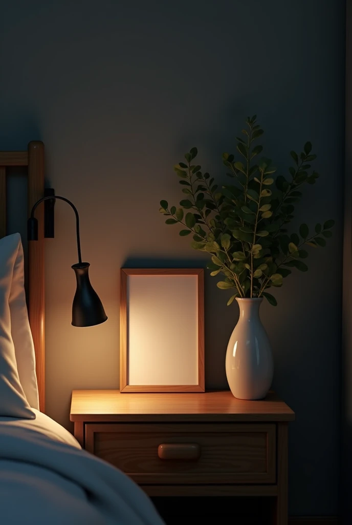 an empty picture frame on a cozy night stand with a vase with greens
