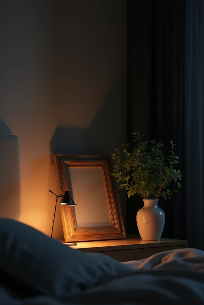 an empty picture frame on a cozy night stand with a vase with greens