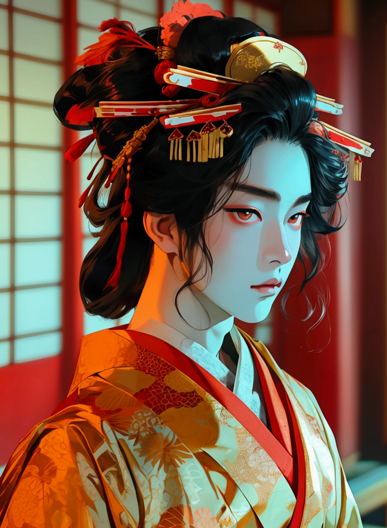 In a traditional Japanese theater, a slender young man, dressed in kabuki attire, with waist-length raven hair, pale-rosy skin, and striking brown eyes, embodies elegance and grace as he moves gracefully under the dimly lit stage.
