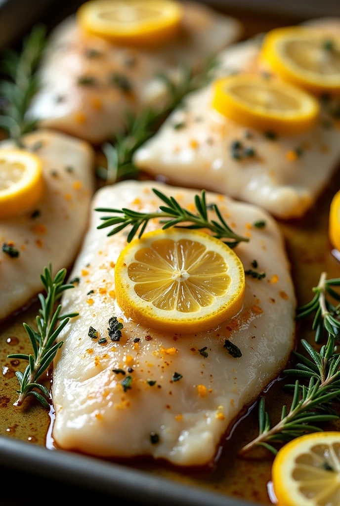 Create an image of this recipe: Baked Tilapia Fillets with Lemon and Herbs Ingredients:

- Tilapia fillets: 200 g - Lemon: 1 unit - Fresh thyme: 5 g
- Romero fresco: 5 g - Olive oil: 15 ml
- Sal: 5 g - Pepper: 2 g Preparation:

1. Preheat the oven to 180°C.

2. Place the tilapia fillets on a baking sheet.

3. Season with salt, pepper and a splash of olive oil.

4. Squeeze lemon juice over the fillets and place lemon slices on top..

5. Sprinkle with fresh thyme and rosemary..

6. Bake for 15-20 minutes, until the fish is cooked.

7. Serve hot.
