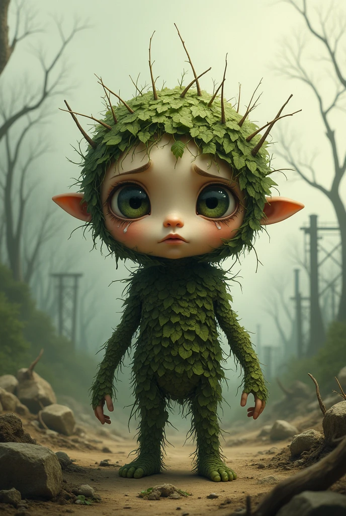 A cute sad character that representates the deforestation