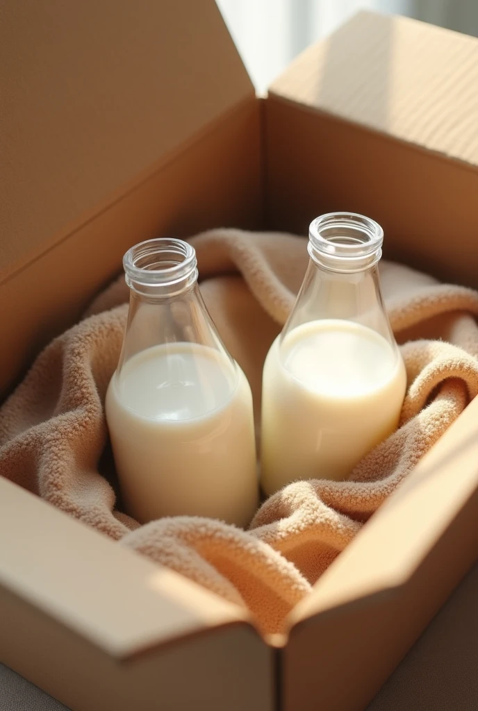 Create two plastic containers with milk inside, inside a blanket inside a cardboard box