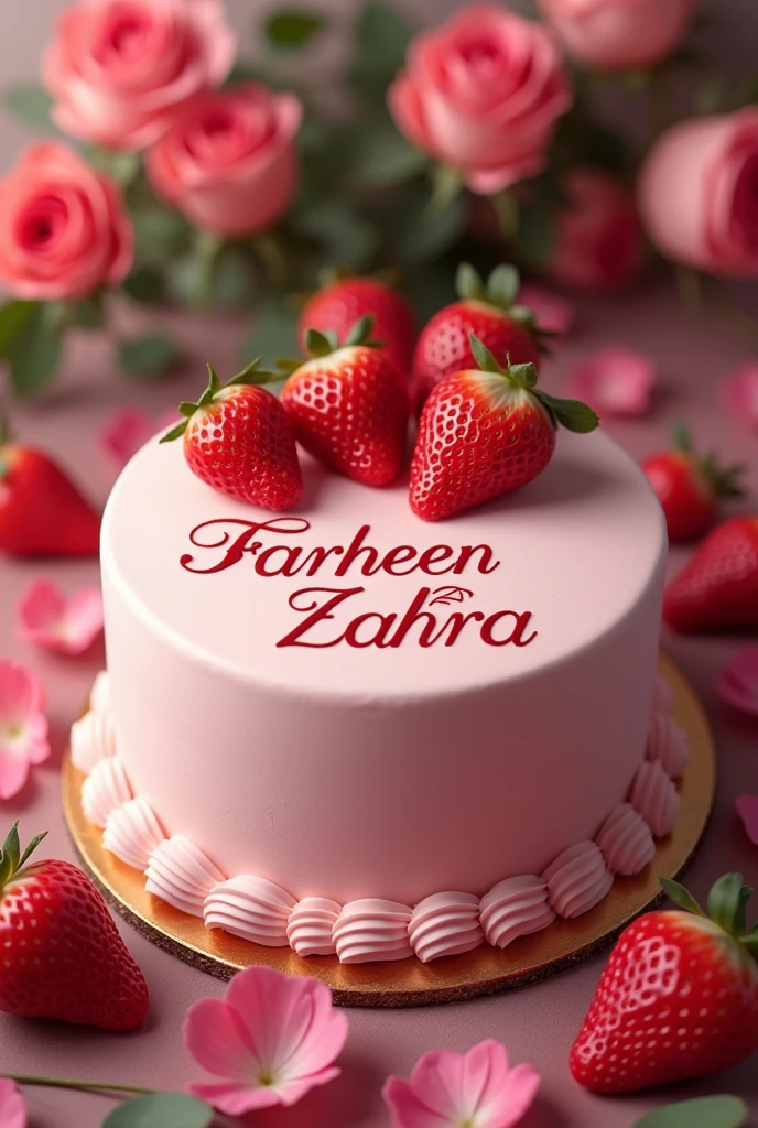 A beautiful strawberry cake name with Farheen Zahra and background is all with the roses
