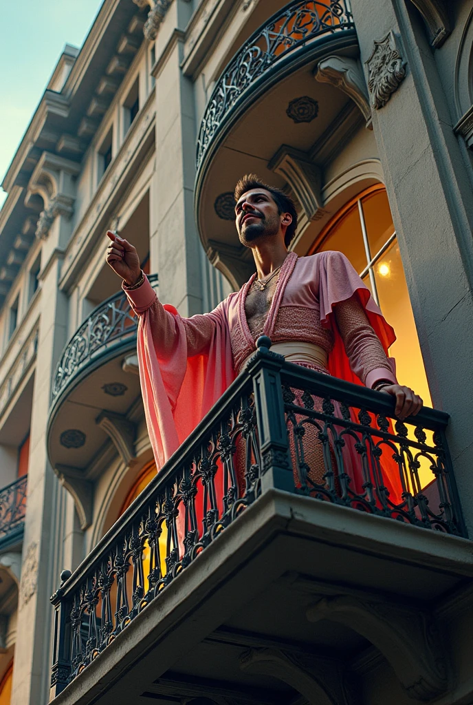 a man dressed as a woman on the balcony of a building shouting "Long live the death of my dick!", cinematic light, detailded, ultra reality,high resolution, comic design