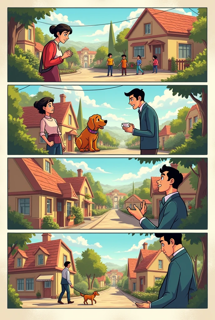Create the comics of a grandmother, a teenager, a puppy and an Italian gentleman