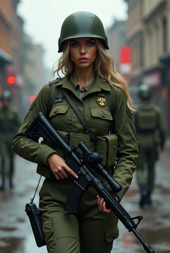 a sexy swedish female soldier in field uniform, beautiful detailed eyes, beautiful detailed lips, extremely detailed face, extremely detailed breasts, weapon, patrolling the street, photo-realistic, 8k, high quality, hyper detailed, cinematic lighting, vibrant colors, dramatic shadows, dynamic pose, gritty military aesthetic