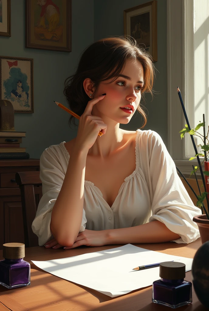 White woman sitting in front of table with paper and ink bottles, holding a pencil and looking forward (screen direction)