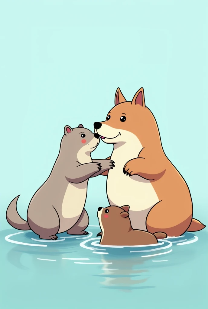 A capybara, an otter and a wolf together form an anime and with a light blue background