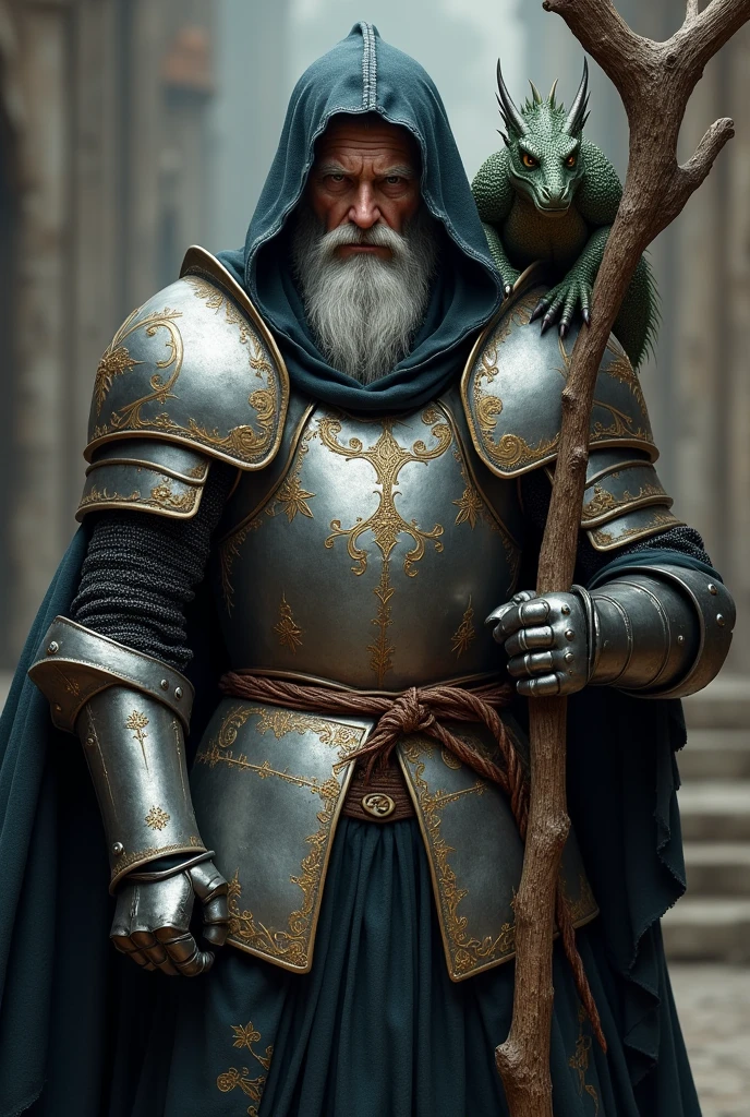 Middle-aged knight in plate armor, wide and bright, silver plated with gold filigree, covered by dark tattered fabric, head covered by dark, tattered hood, black skin, medium short silver hair, short silver beard, white eyes that emit light, leaning on a stick that looks like a tall branch, with a dwarf dragon on his shoulder