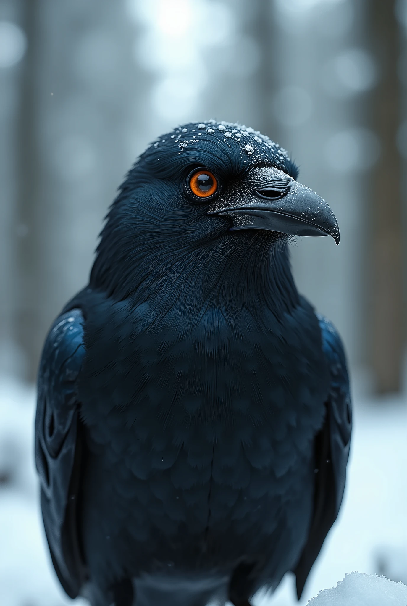 8k, high definition, detailed, realistic, (master view),(best quality, masterpiece:1.2),,  photon mapping, radiosity, physically-based rendering, best quality, highly detailed, robot big eyes, outdoors,  (l, freezing and lost in the forest, snow, The face of a crow with sleepy eyes and an orange tip