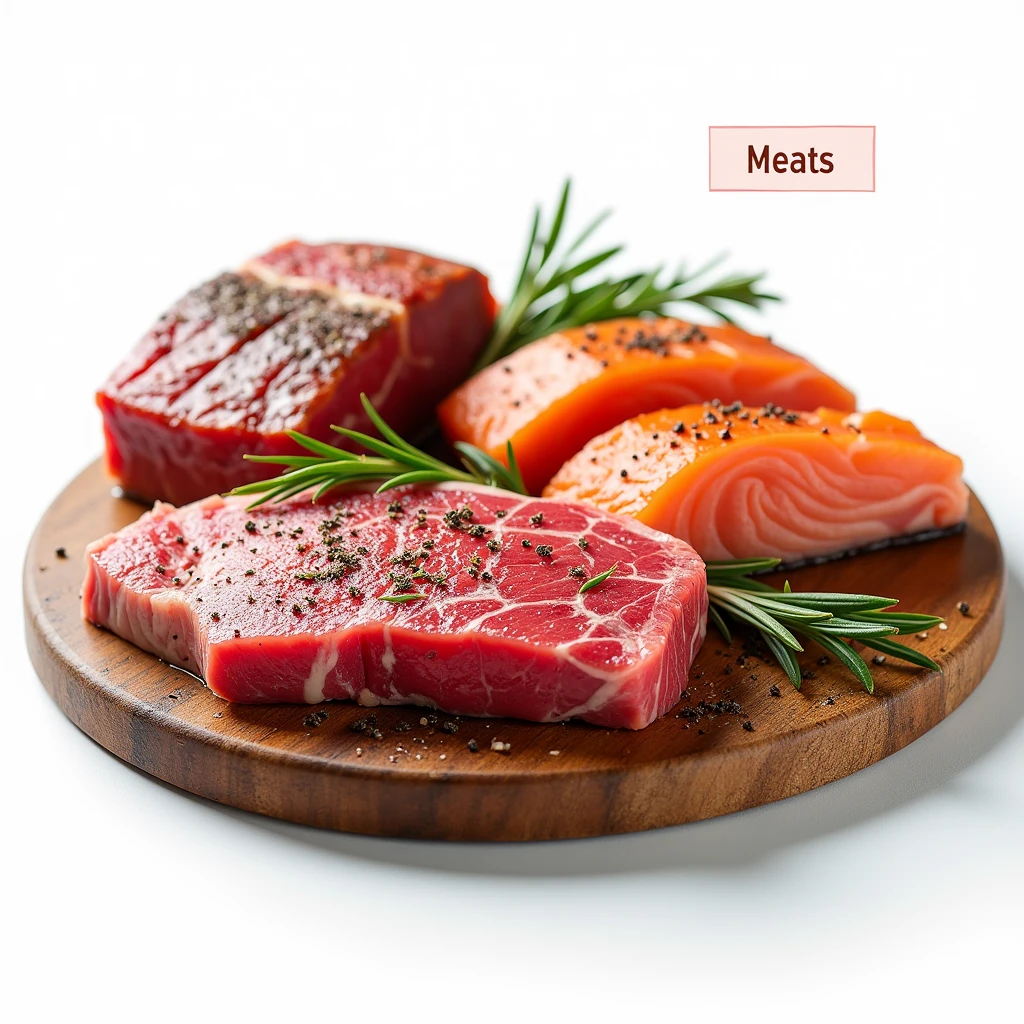 Create a clean and appetizing image to serve as a thumbnail for an online ordering website, focusing on meats. The image should feature an array of premium cuts of meat, such as a marbled steak, succulent chicken breast, a rack of ribs, and a piece of salmon. Arrange the meats on a rustic wooden board or clean white platter, ensuring they are displayed beautifully with garnishes like sprigs of rosemary, thyme, or freshly ground pepper. The meats should appear fresh and high-quality, with vibrant colors that stand out against a pure white background. Add soft, natural lighting to enhance the textures and juiciness of the meats, making them look irresistibly delicious. In one corner of the image, include a small, clear label that reads "Meats" in a bold, easy-to-read font, ensuring it complements the overall design without overshadowing the visuals. The image should evoke a sense of quality, freshness, and culinary delight, inviting customers to explore the selection of meats available.
