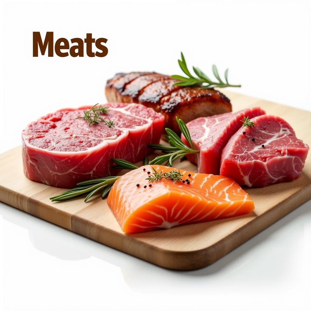 Create a clean and appetizing image to serve as a thumbnail for an online ordering website, focusing on meats. The image should feature an array of premium cuts of meat, such as a marbled steak, succulent chicken breast, a rack of ribs, and a piece of salmon. Arrange the meats on a rustic wooden board or clean white platter, ensuring they are displayed beautifully with garnishes like sprigs of rosemary, thyme, or freshly ground pepper. The meats should appear fresh and high-quality, with vibrant colors that stand out against a pure white background. Add soft, natural lighting to enhance the textures and juiciness of the meats, making them look irresistibly delicious. In one corner of the image, include a small, clear label that reads "Meats" in a bold, easy-to-read font, ensuring it complements the overall design without overshadowing the visuals. The image should evoke a sense of quality, freshness, and culinary delight, inviting customers to explore the selection of meats available.
