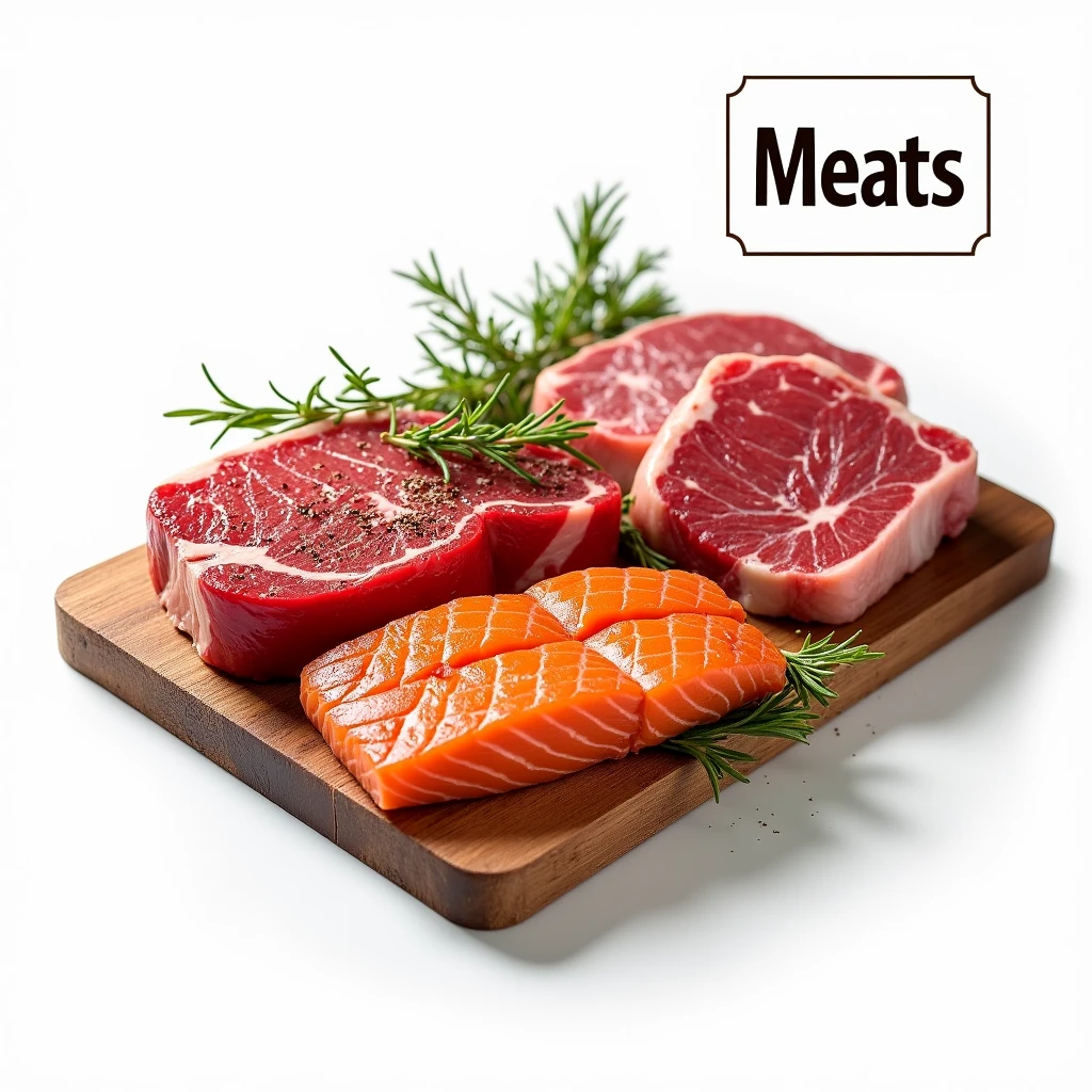 Create a clean and appetizing image to serve as a thumbnail for an online ordering website, focusing on meats. The image should feature an array of premium cuts of meat, such as a marbled steak, succulent chicken breast, a rack of ribs, and a piece of salmon. Arrange the meats on a rustic wooden board or clean white platter, ensuring they are displayed beautifully with garnishes like sprigs of rosemary, thyme, or freshly ground pepper. The meats should appear fresh and high-quality, with vibrant colors that stand out against a pure white background. Add soft, natural lighting to enhance the textures and juiciness of the meats, making them look irresistibly delicious. In one corner of the image, include a small, clear label that reads "Meats" in a bold, easy-to-read font, ensuring it complements the overall design without overshadowing the visuals. The image should evoke a sense of quality, freshness, and culinary delight, inviting customers to explore the selection of meats available.
