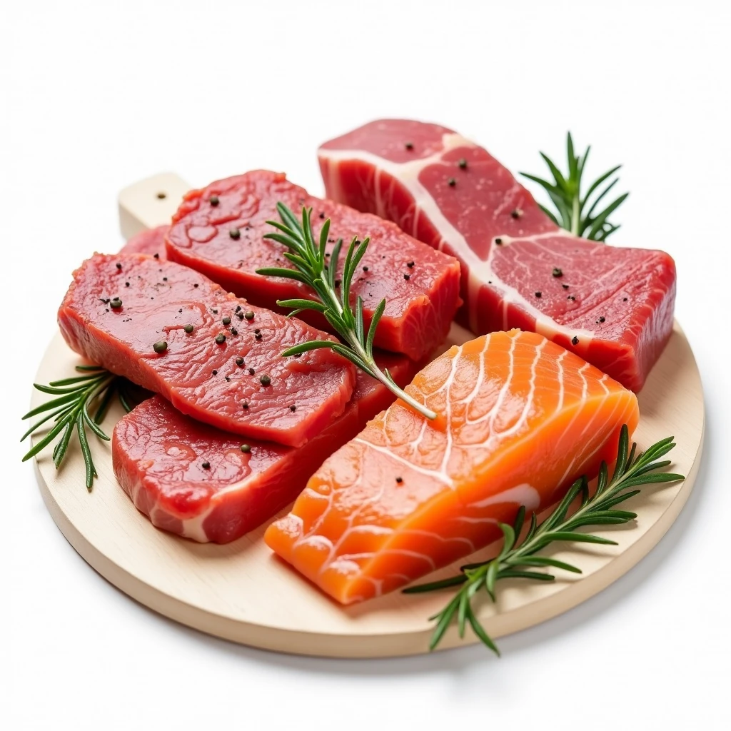 Create a clean and appetizing image to serve as a thumbnail for an online ordering website, focusing on meats. The image should feature an array of premium cuts of meat, such as a marbled steak, succulent chicken , a rack of ribs, and a piece of salmon. Arrange the meats on a rustic wooden board or clean white platter, ensuring they are displayed beautifully with garnishes like sprigs of rosemary, thyme, or freshly ground pepper. The meats should appear fresh and high-quality, with vibrant colors that stand out against a pure white background. Add soft, natural lighting to enhance the textures and juiciness of the meats, making them look irresistibly delicious. In one corner of the image, include a small, clear label that reads "Meats" in a bold, easy-to-read font, ensuring it complements the overall design without overshadowing the visuals. The image should evoke a sense of quality, freshness, and culinary delight, inviting customers to explore the selection of meats available.
