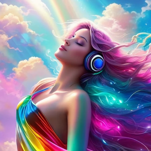 A stunningly ethereal woman, wearing headphones, composed of a dazzling array of rainbow hues, reclines gracefully at the end of a radiant rainbow amidst the fluffy clouds in the sky. Bathed in dynamic and enchanting lighting, accentuates her vibrant, full-bodied form. Fantasy art. Masterpiece