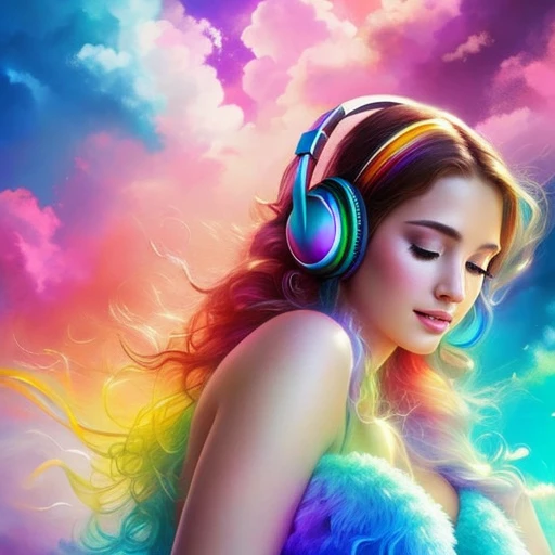 A stunningly ethereal woman, wearing headphones, composed of a dazzling array of rainbow hues, reclines gracefully at the end of a radiant rainbow amidst the fluffy clouds in the sky. Bathed in dynamic and enchanting lighting, accentuates her vibrant, full-bodied form. Fantasy art. Masterpiece