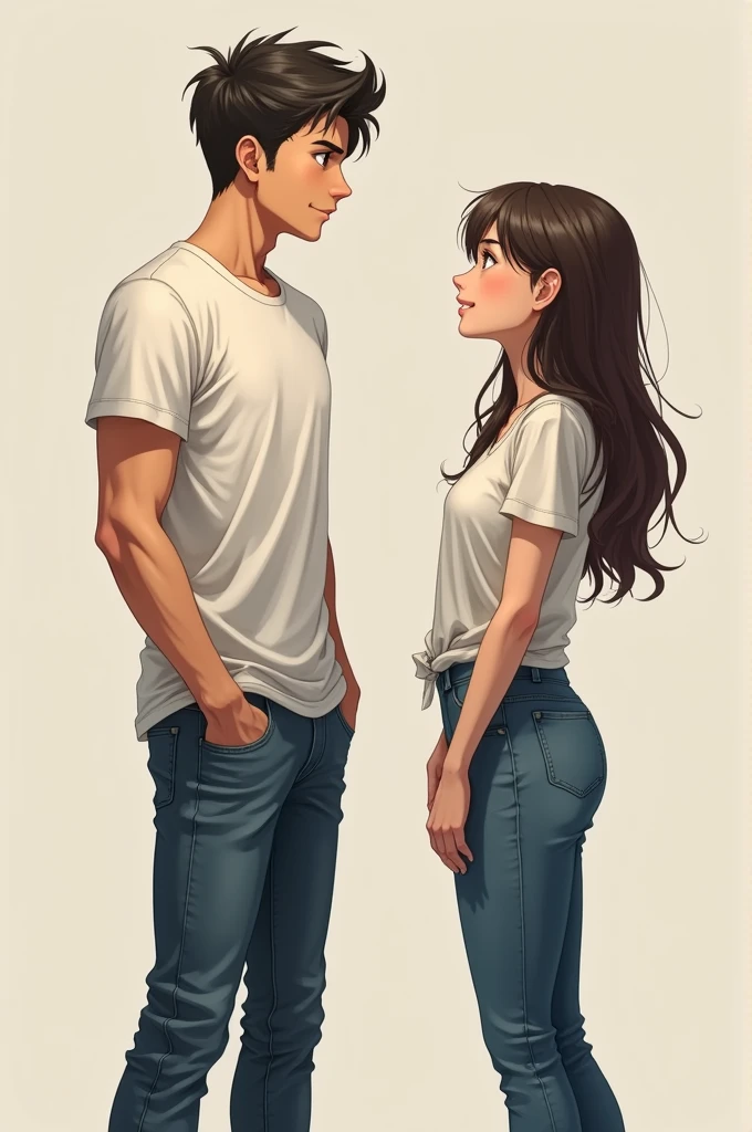 An handsome young man talking to a girl, but they are not close, they are not touching, they both wearing t-shirt and jeans pants, anime style, realistic wide portrait