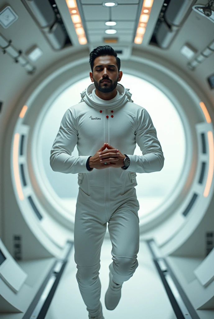 Indian man, 3. bonitas , slicked black hair , average size. Black eyes closed, bonitas. Wearing a white astronaut suit. in a spaceship
