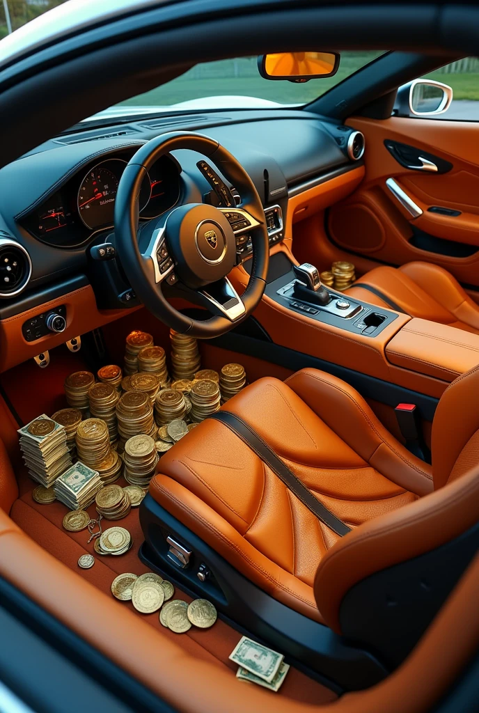 Luxury car from inside with full of money and luxury items like money ,mobile , watches etc 
More money 
