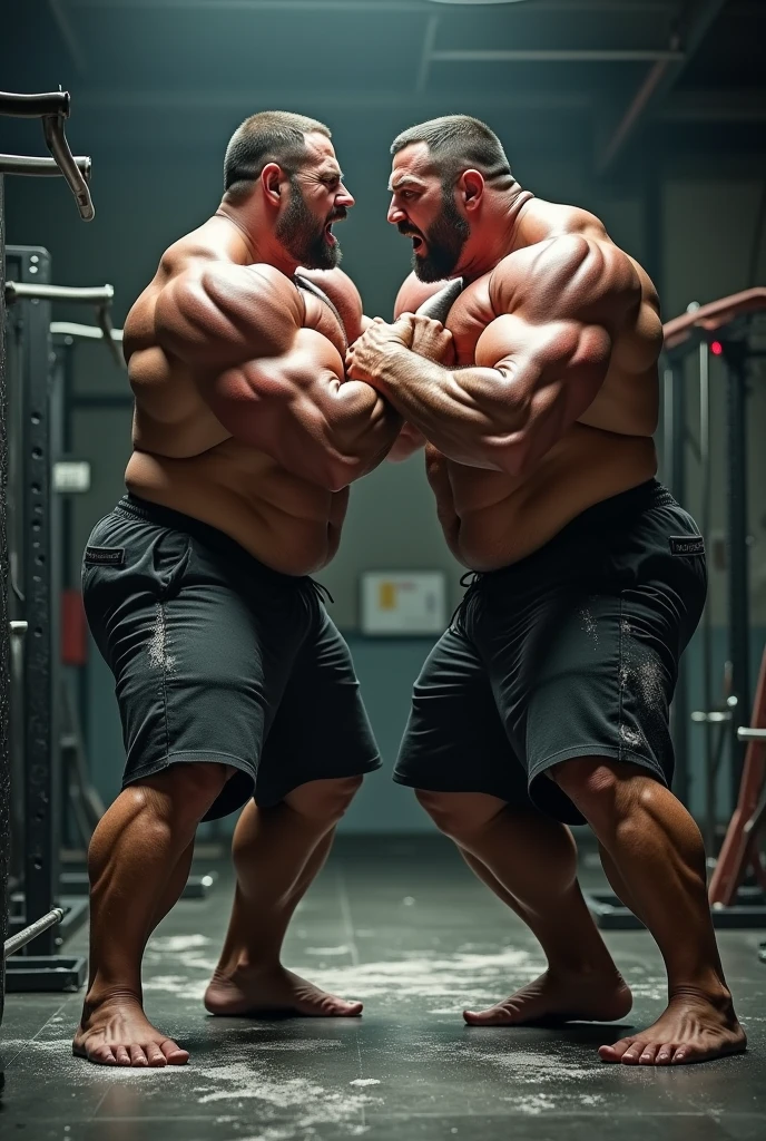 A friendly fight between two bodybuilders in which neither of them is losing the battle but they are in contact in the battle.