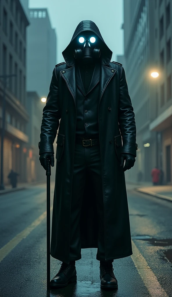 A man wearing a long black leather jacket wearing a black gas mask, the glasses on the gas mask glowed white, black gloves on his hands, and a cane in one hand, standing in the middle of the dark wide uninhabited city street in the middle of the night, there was a large car light behind the man illuminating his figure