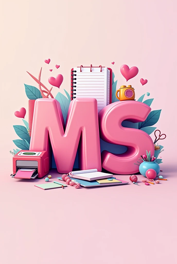Create a logo with vibrant colors, Pastel colored background with the initials MS in pink 3D, and above the initials printer drawings, agendas, scissors and several pink hearts. Pixar animation style