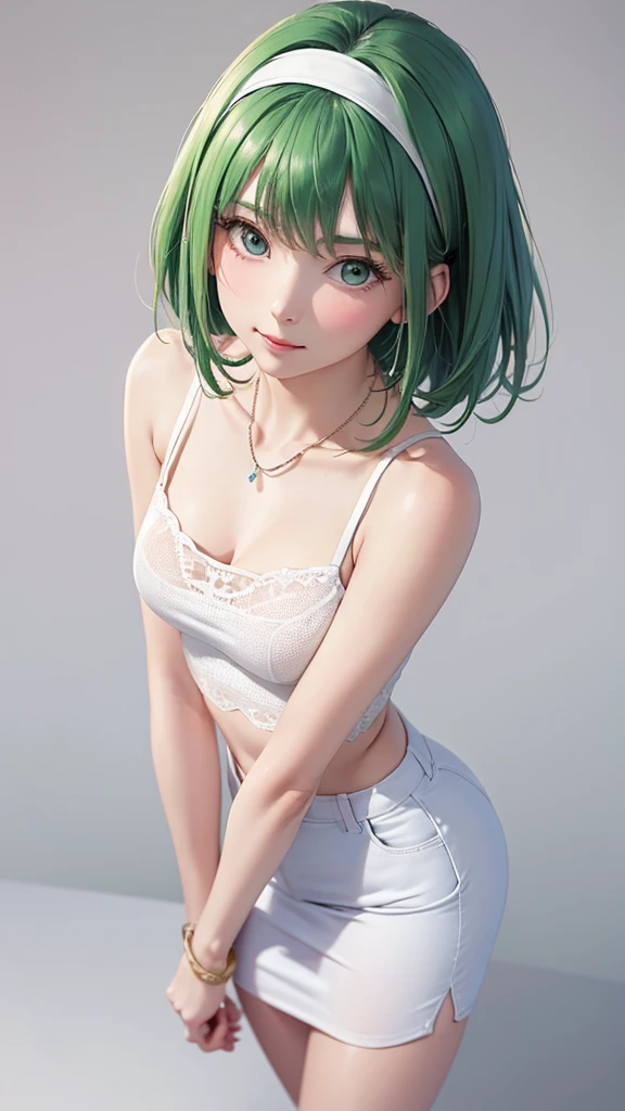 Best Quality,High resolution,8k,(plain white background, no patterns, no textures, just a plain white background:1.3),Masterpiece:1.2),beautiful girl,Shiny green hair,messy hair,Green Eyes,Design a casual yet elegant look for a young girl with a clean and refined style. Incorporate pieces such as a simple, well-fitted blouse, tailored jeans or a skirt, and classic sneakers or loafers. Add subtle accessories like a delicate necklace or a stylish headband to complete the outfit,Gentle look,A refreshing look,smile,Best quality,Best Quality,Aesthetic and aesthetic:1.2,Best details((Super detailed))(High-definition CG illustrations),Slender body,smile,blush,cute,Scrounge,Looking up,Being spoiled,super model