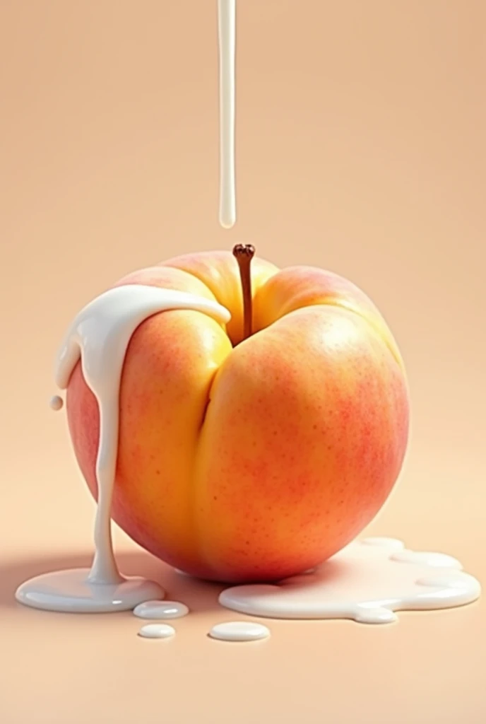 A beautiful large juicy whole peach without cuts with a single line, splashed with drops of dripping white milk, Seen with his front line.
Peach NOT apple
