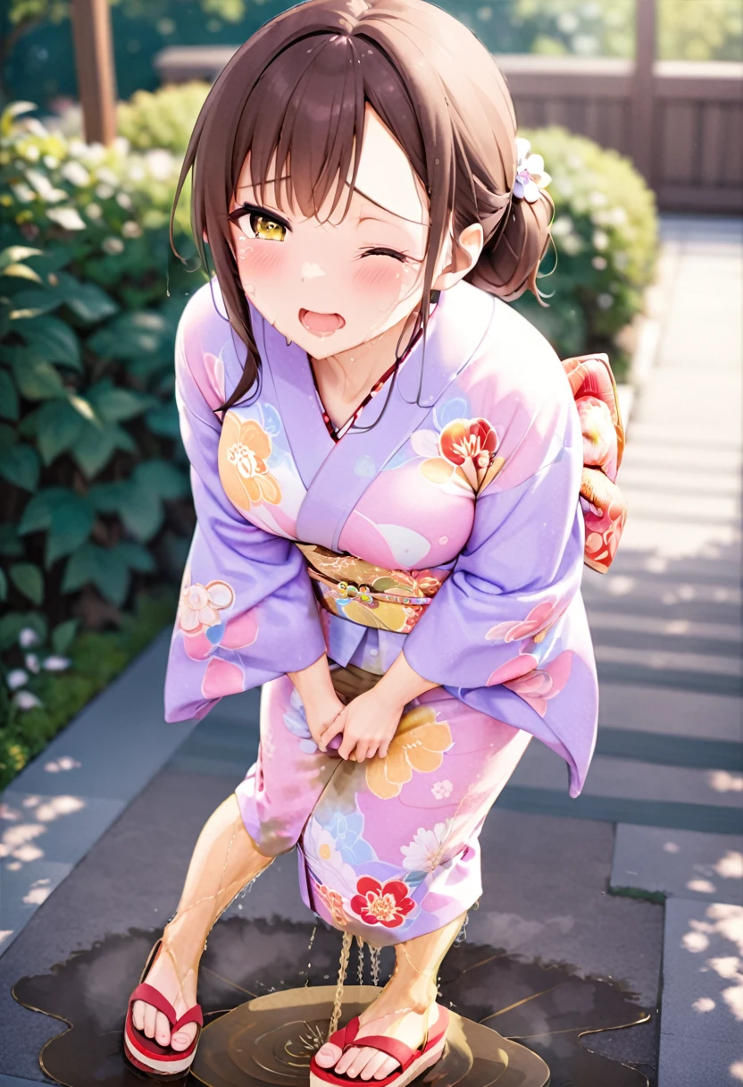 NSFW, (masterpiece, top quality, best quality, highly detailed:1.6), anatomically correct, (full body), wide shot, long shot, (Knee rubbing:3), (leaning forward, Hold the crotch area over the clothes:2.5), (standing:2), (((clutching crotch))), (woman standing in the shrine, outdoor), (Pastel Colors kimono, Maxi Length, Extremely wet with pee:2.5),strong facial expression, (sharp eye:1.2), (scowl:1.1), (embarrassed,blush:1.3), (steam:2.5), (Wet:1.1), (sweat:1.1), (trembling:1.3), (open mouth, wavy mouth:1.7), (clenched teeth:0.3), (Drooling from the mouth:0.7), (half open eyes:2.5), (Close one eye, Winking:3), (tears:3), (feeling weak:1.5), (bravery crying, sobbing:1.5), (shoot from front:1.2), (Red sandals:2), (long hair, Dark Brown hair, low ponytail:1.5), (woman trembling with sexual climax:1.5), colorful, perfect composition, (Touching the crotch:1.7), urination, incontinence, piss, peeing self, A lot of pee, (((pee stream))), (pee puddle), Wetting herself, peeing, blush, trembling, embarrassed, large breasts, Yellow pee, ((leaking pee)), Shaking one's shoulders, Breaking a sweat on forehead, Pee spread on the floor, (Pee stains), Full bladder, ((Pee-soaked kimono)), natural makeup,Pee dripping from kimono,((Kimono with big urine stains)),(Widespread urine stains,Kimono covered in urine),