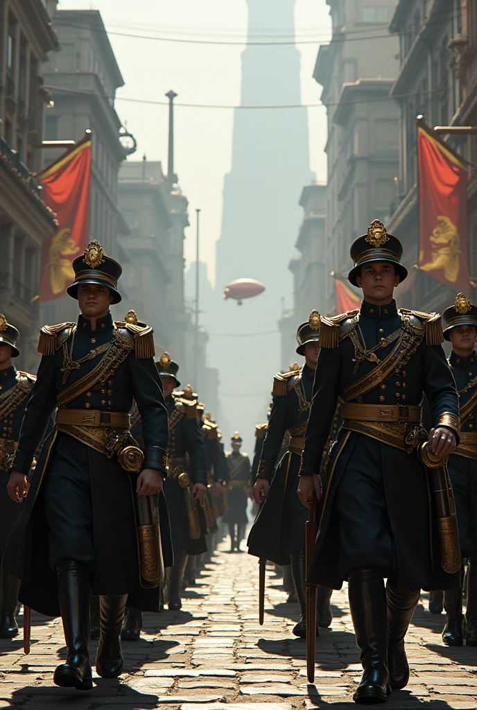 Steampunk theme Imperial Soldiers marching parade in the city