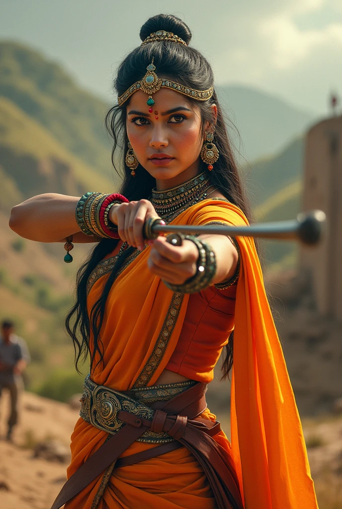 Rani Lakshmi Bai training for battle: An image of her practicing sword fighting or archery, wearing traditional attire but with a warrior’s spirit.Historical images in 9:16 ratio