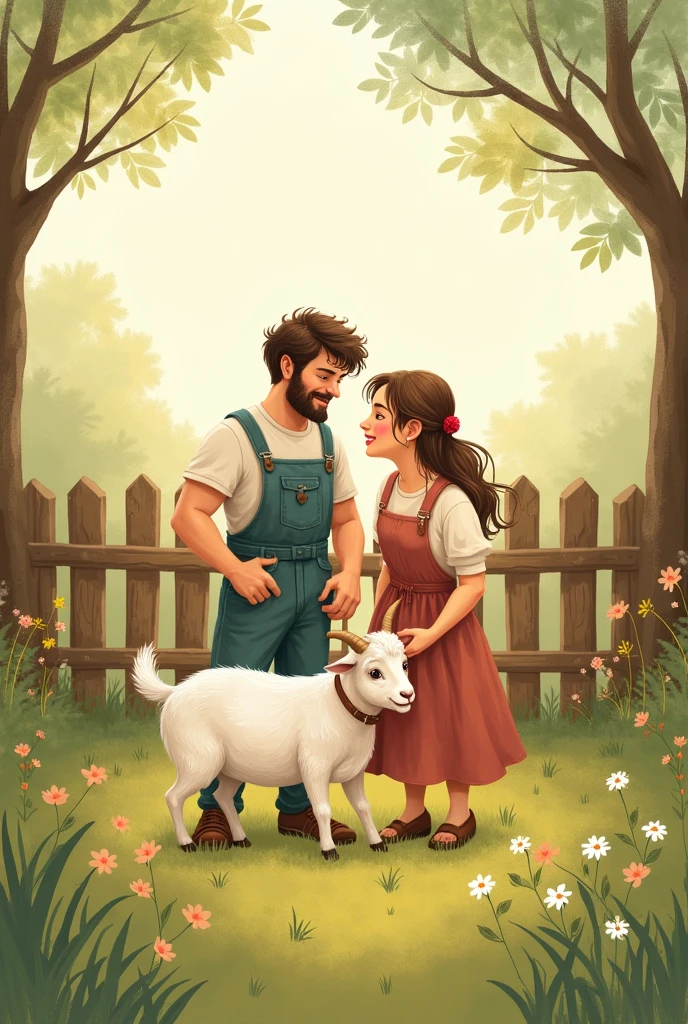 man and woman working on a farm with a goat, cute and tender drawing