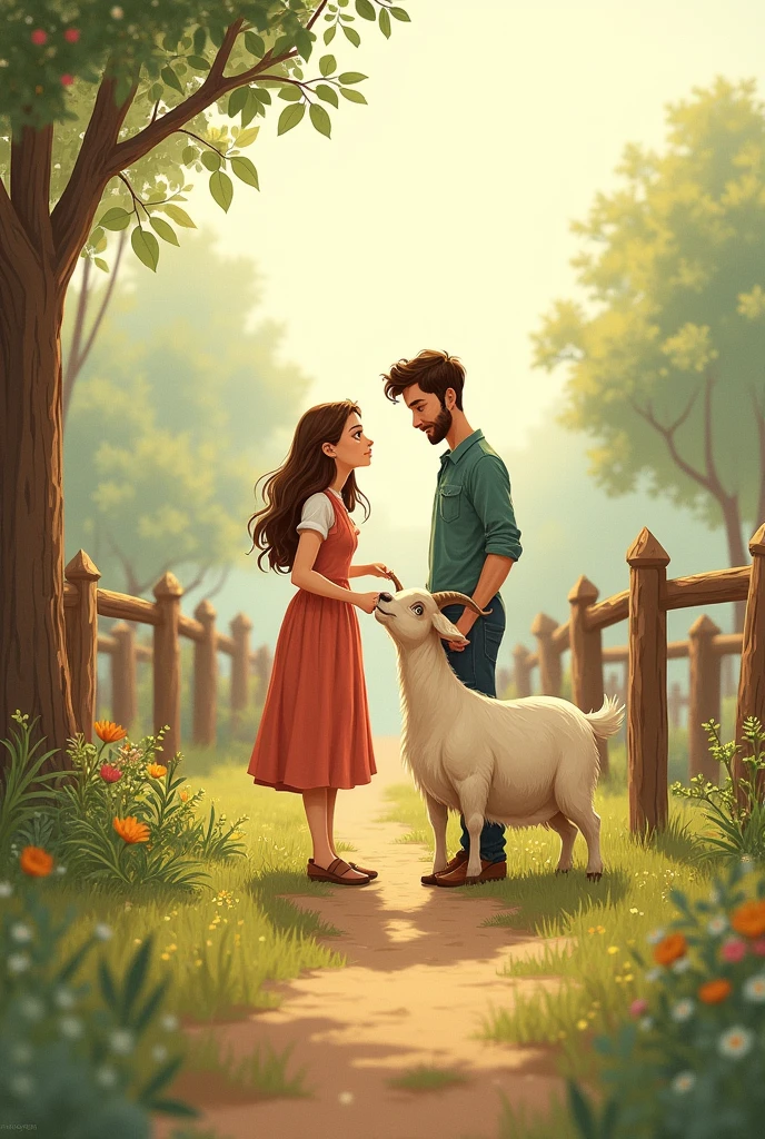 man and woman working on a farm with a goat, cute and tender drawing

