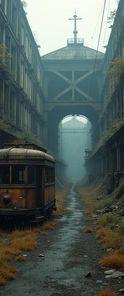 (best quality,4K,8K,high resolution, masterpiece:1.2),Extremely detailed, Clear focus,(Realist,photoRealist,fotorRealista:1.37),Extremely fine details, Intricate details,Bright colors,Intense colors,Depth comparison,Cinematic Depth of Field,Film composition,Movie camera angle(Photography focuses on abandoned industrial machinery.), Abandoned coal mine landscape, Machine placement, ((Trolleybus in ruins, 放置されたheavy equipment, Industrial waste)), Quiet, , The Minimalists, Industrial Environment, heavy equipment, net, dusty, Disturbing silence, the crumbling walls, Oxide, Overgrown vegetation, Remnants of past activities, Dark Space, Broken windows, colores Quiets, Mysterious atmosphere