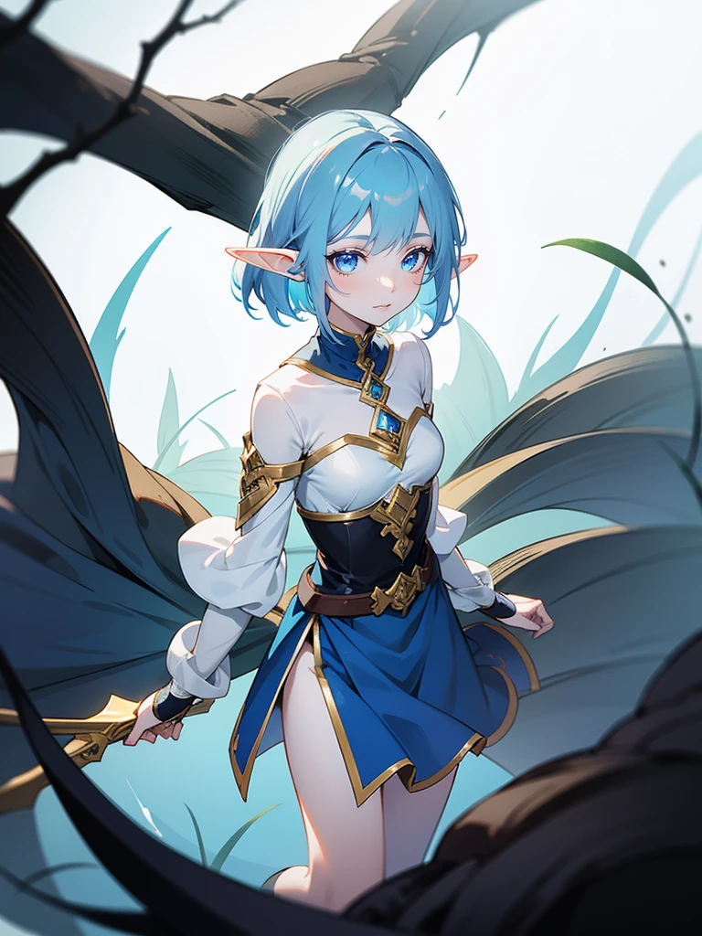 an elf mage, short cyan hair, bangs, large breasts, exposed thighs, hair between eyes, heroic posture, bright light blue eyes, full body, white and light blue robes, confident, fantasy, medieval, medieval castle, rays of sun, blue sky