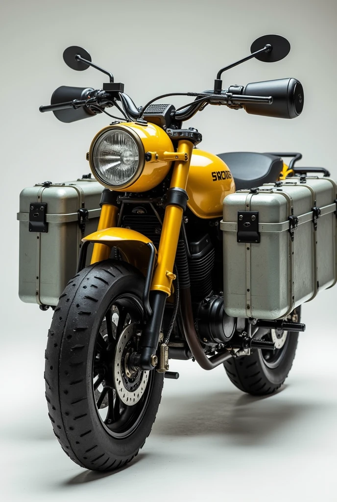 Automatic scooter motorcycle 250cc yellow with gray and white military-type metal exoskeleton all terrain with suitcases on the sides and back high loading area round headlights like a rigid simple design