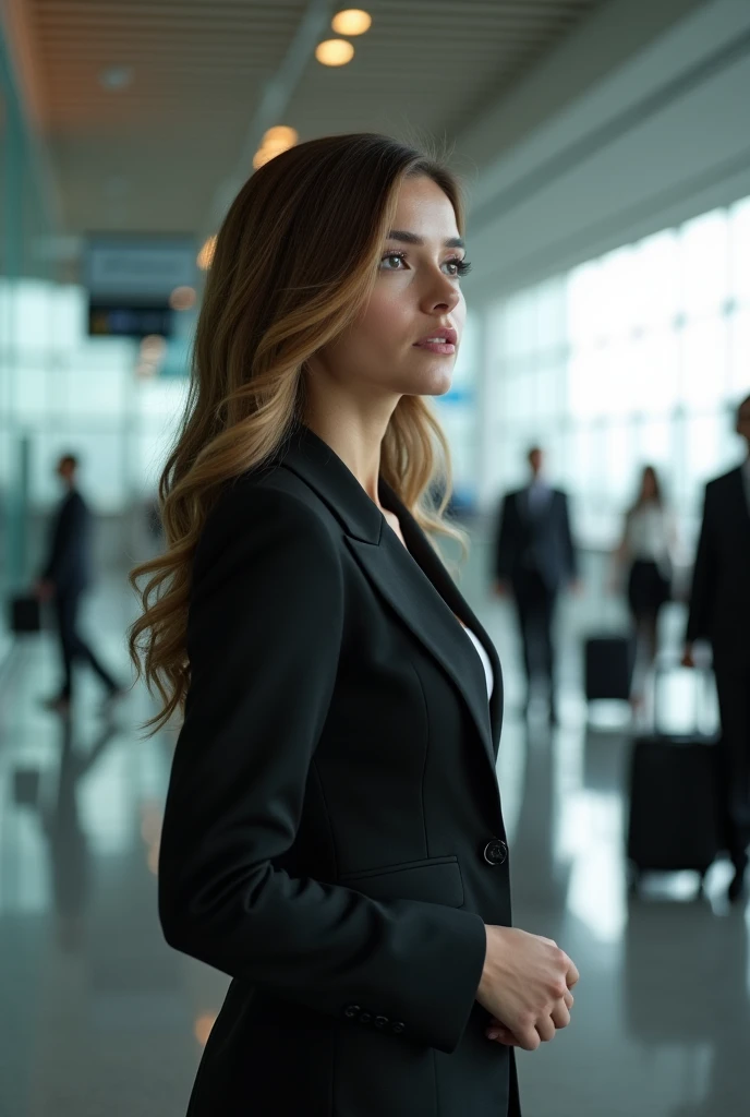 Photo description: Professional photo of Ashley at an airport, dressed elegantly and looking towards the runway. 