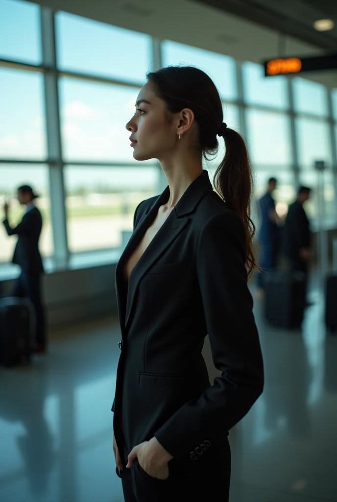Photo description: Professional photo of Ashley at an airport, dressed elegantly and looking towards the runway.