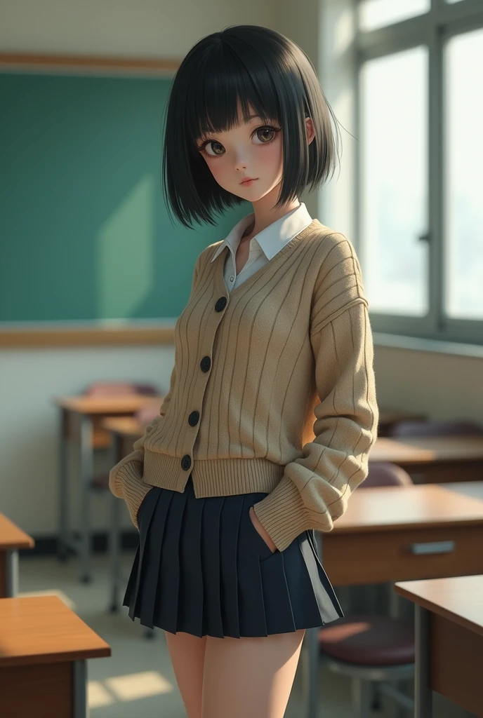 (masterpiece, Highest quality:1.2), (Realistic, photoRealistic:1.4), High resolution, RAW Photos, 8k, Very detailed, 超High resolution, Cinema Lighting, Written boundary depth, (Portraiture), View your audience, (((Front view, From below))), alone, One Girl, high school girl, Japanese Idols, Fine skin, Pale skin, Black Hair, short hair, Bob Hair,
Long eyelashes, Flat Chest, Slender body, thin,
Detailed face, fine grain, Release your lips,
((High quality fabric, knit cardigan, Short sleeve collared shirt, Pleated mini skirt, Micro Mini Skirt, bow tie)),
(((Thighs, Thighs丈,Pussy))),
(Stand in the classroom), (Beautiful upskirt view), Daytime,