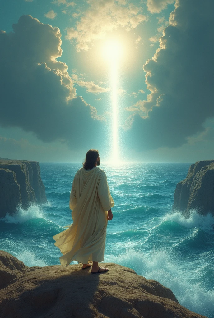 Jesus Regardant la mer rouge dans le ciel