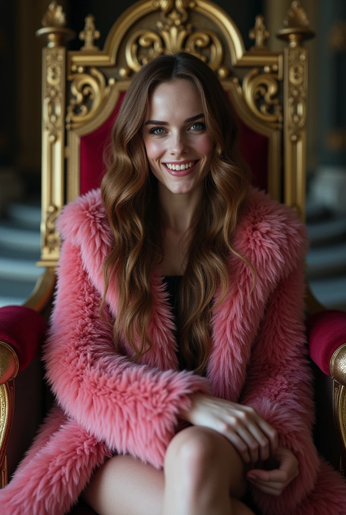 Emma watson, breasts, length hair, Brown hair, devilish smile, sits on a raised throne Stairs steps reach up to her throne, wearing a pink fur coat